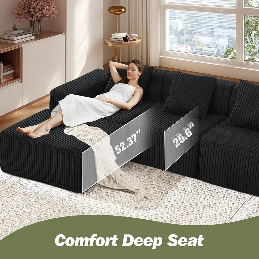 L-Shaped Memory Foam Sofa with Chaise, Corduroy Upholstery, Easy Assembly Living Room Couch (Black)