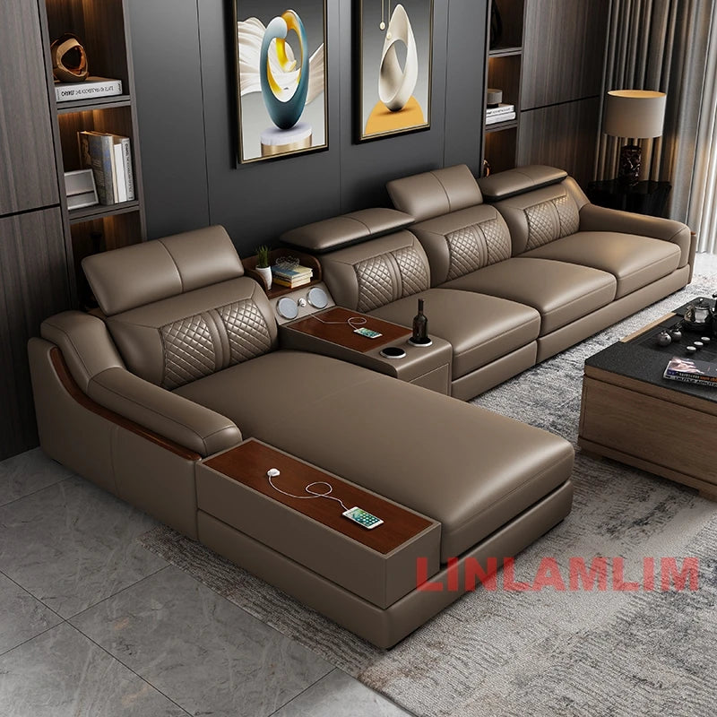 Modern U-Shaped Sectional Sofa Set with Chaise Lounge, Genuine Leather Couch with Storage Table, USB – Big Living Room Furniture