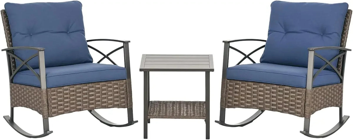 NEW-3 Piece Patio Rocking Chair Set, Outdoor Wicker Bistro Set with 2 Oversize Cushioned Porch Rockers and 2 Tier Coffee Table