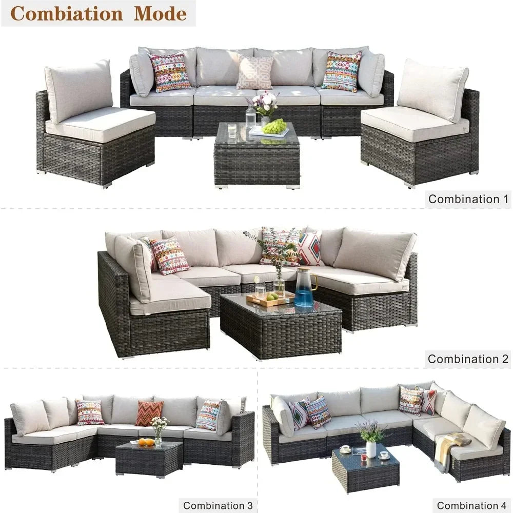 K 7-piece Outdoor Terrace Segmented Sofa Gray PE Wicker Furniture Dialogue Set Outdoor Sessions Gardens Sets Garden Patio