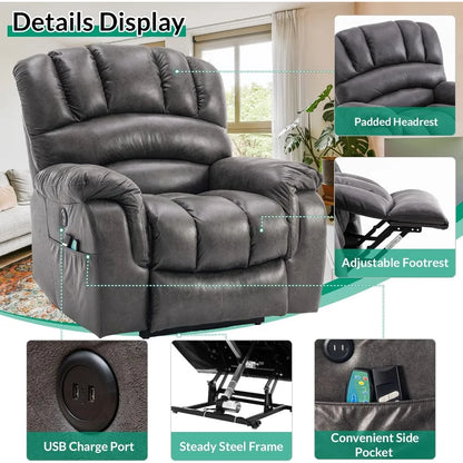 Large Dual OKIN Motor Lay Flat Sleeper Lift Recliner Chair with Heat & Massage for Elderly, Infinite Position Electric Power