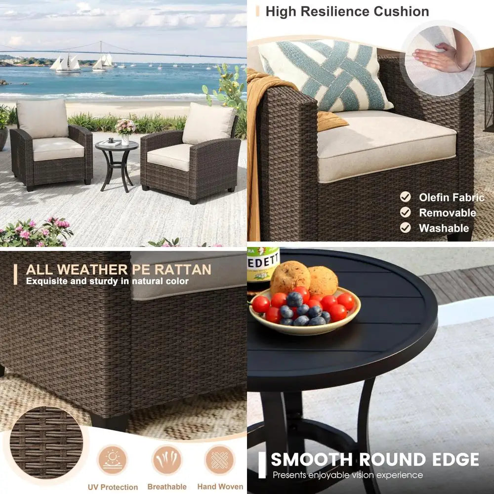3-Piece Outdoor Wicker Furniture Set with Two Chairs and Metal Side Table for Patio Conversations
