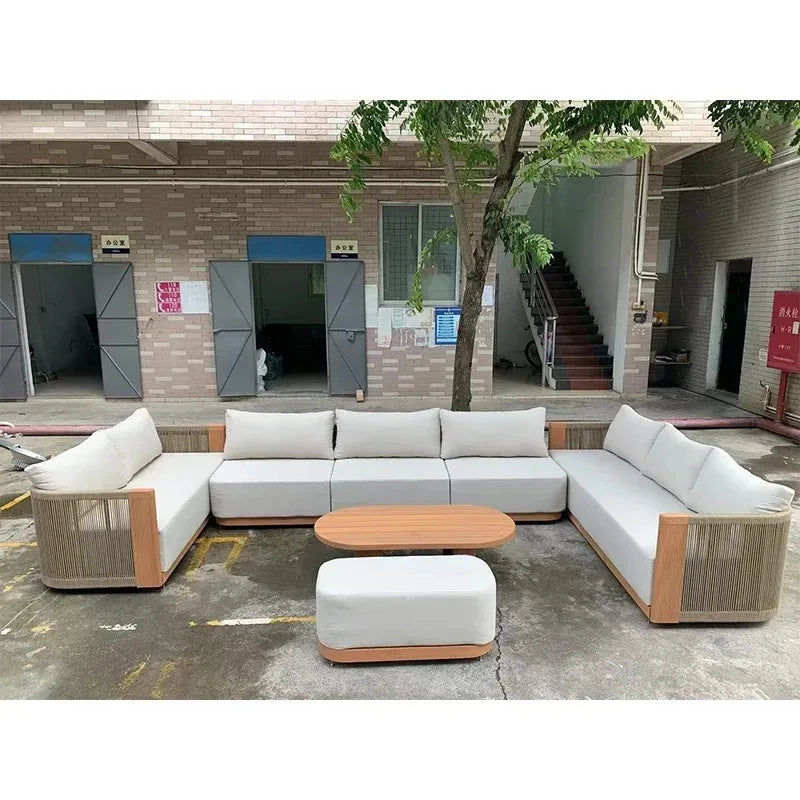 Outdoor Furniture Lounge Sets Modern Garden Teak Wood Couch Sofa Luxury Style Combination Teakwood Rope Sofa Set
