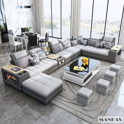 MANBAS Modern U-Shaped Fabric Sectional Sofa Set with Storage, Cup Holders, Speaker, USB, Bookshelf and Stools for Living Room