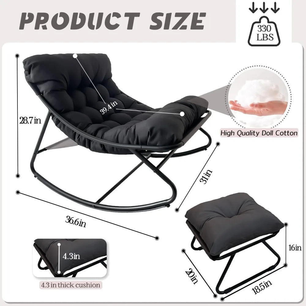 Oversized Patio Rocking Chair with Ottoman, Comfy Lounge Rocker Chair, Outdoor and Indoor Rocking Chairs with Deep Cushion, Meta