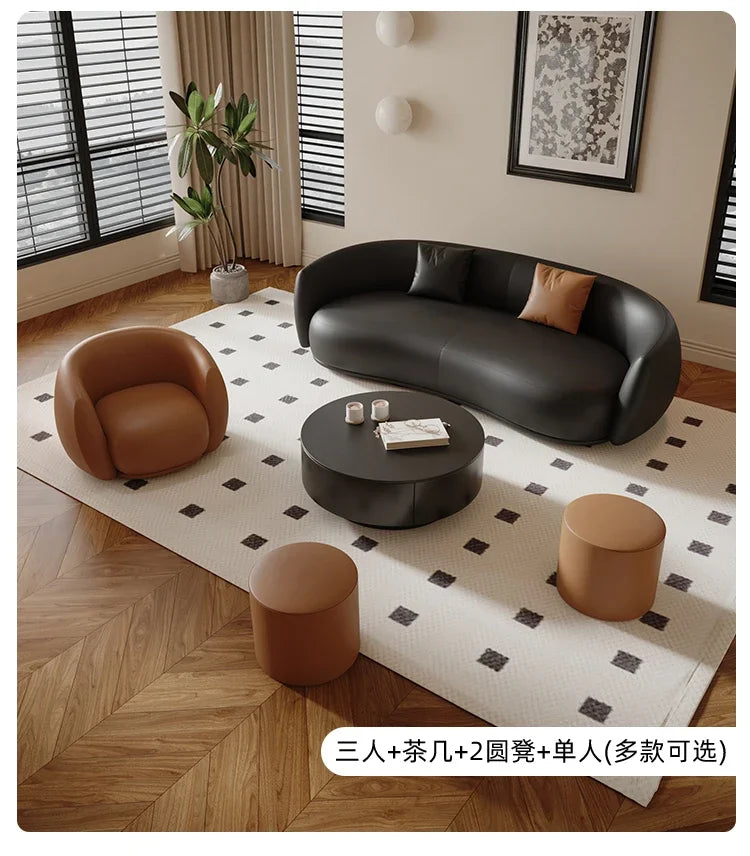 small apartment curved beauty salon Internet celebrity clothing store, rest area negotiation, black leather sofa