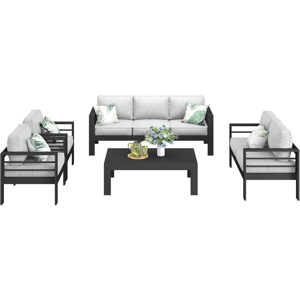 Garden Furniture Set, 5 Pieces Patio Outdoor Aluminum Sectional Conversation, Chat Sofa Modern Seating Set with Coffee Table
