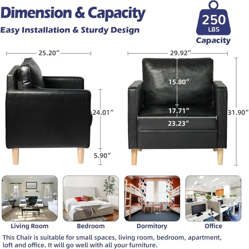 Black Faux Leather Accent Chairs Set of 2 Small Living Room Bedroom Chairs, Comfy Reading Chair Single Sofa for Adults,