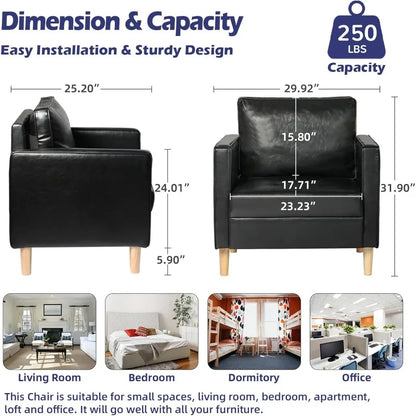 Black Faux Leather Accent Chairs Set of 2 Small Living Room Bedroom Chairs, Comfy Reading Chair Single Sofa for Adults,