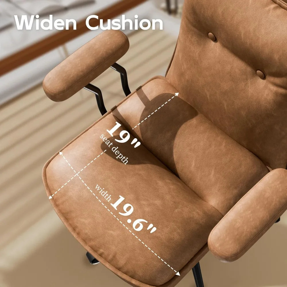 Brown Leather Office Chair with Wheels, Triple-Layers Thicken Wide Seat Height Adjustable, Mid-Century Modern Comfy Desk Chair f