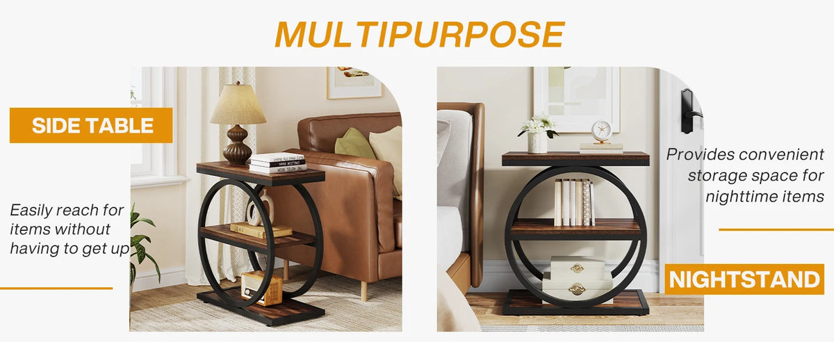 Tribesigns End Table, Narrow End Table with 3 Storage Shelves, Wood Side Table with Black Metal Frames, Industrial Sofa table