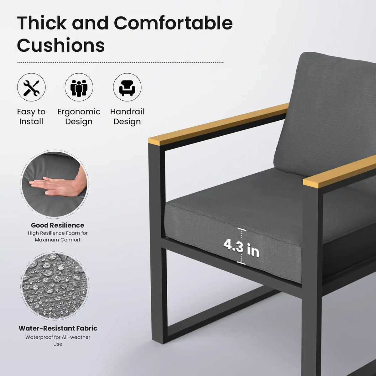 4-Piece All-Weather Patio Set with Coffee Table and Thick Cushions, Modern Metal Furniture for Outdoor Porch in Gray