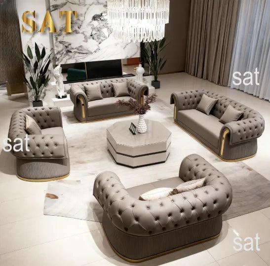 3-Seat Modern Chesterfield Sofa Set Curved Design Gold Decorated Napa Leather Sofa Apartment Living Room Furniture
