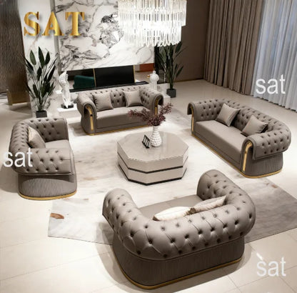 3-Seat Modern Chesterfield Sofa Set Curved Design Gold Decorated Napa Leather Sofa Apartment Living Room Furniture