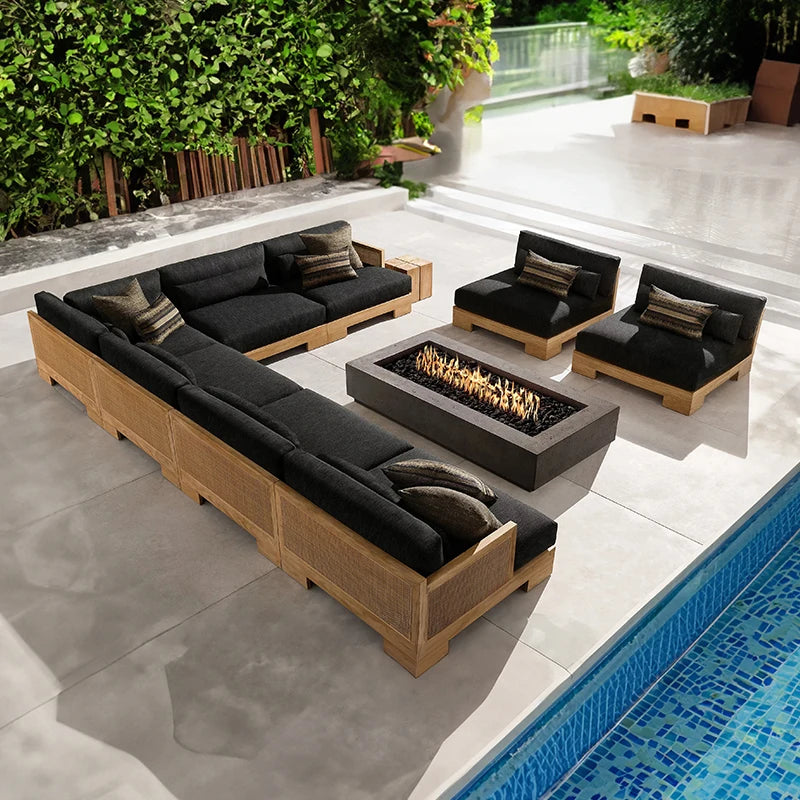Outdoor Patio Garden Set all Weather Teak Wicker Ubud Modular U-Sofa Sectional Luxury Outdoor Furniture