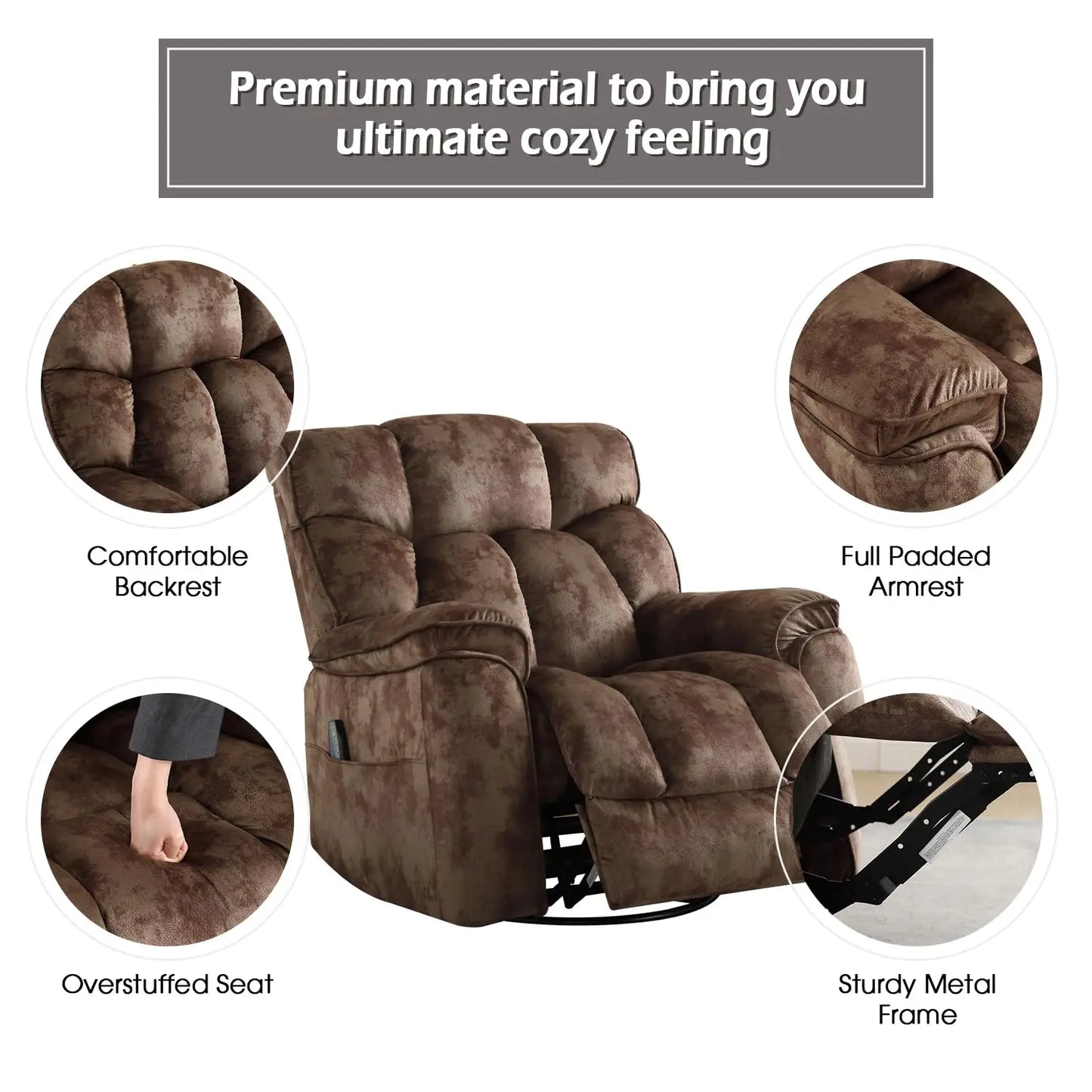 Oversized Rocker Recliner with Heat & Massage Manual Swivel Soft Fabric Brown, Customized