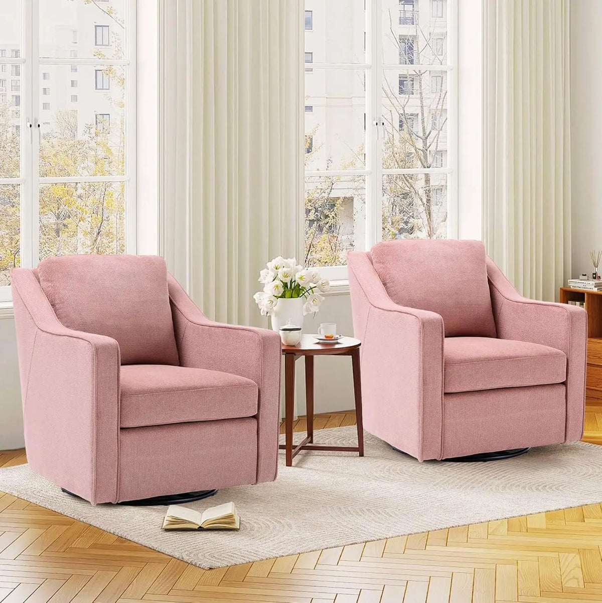 Swivel Accent Chair, 360° Rotation Chenille Fabric Upholstered Leisure Armchair with Lumbar Pillow for Living Room Bedroo