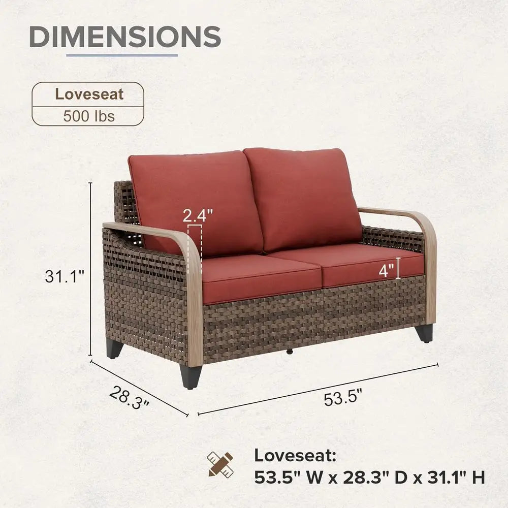 2 Seat Outdoor Sofa with Cushions, Patio Garden Furniture, Deck Backyard, 500 lbs Capacity, Brown/Red