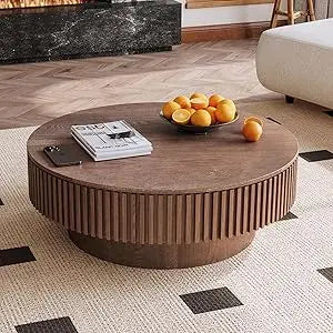 Modern Wooden Round Coffee Table with Storage, Solid Wood Veneer Accent Table for Living Room