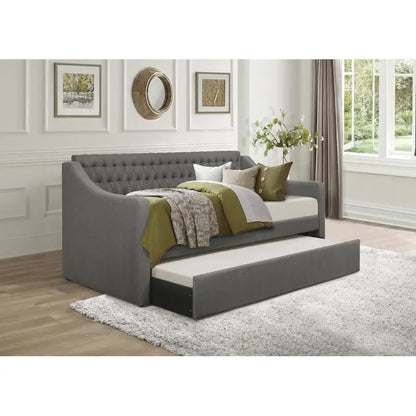 Modern Gray Upholstered Daybed with Pull-Out Trundle on Casters, Tufted Design for Bedroom or Living Room Furniture