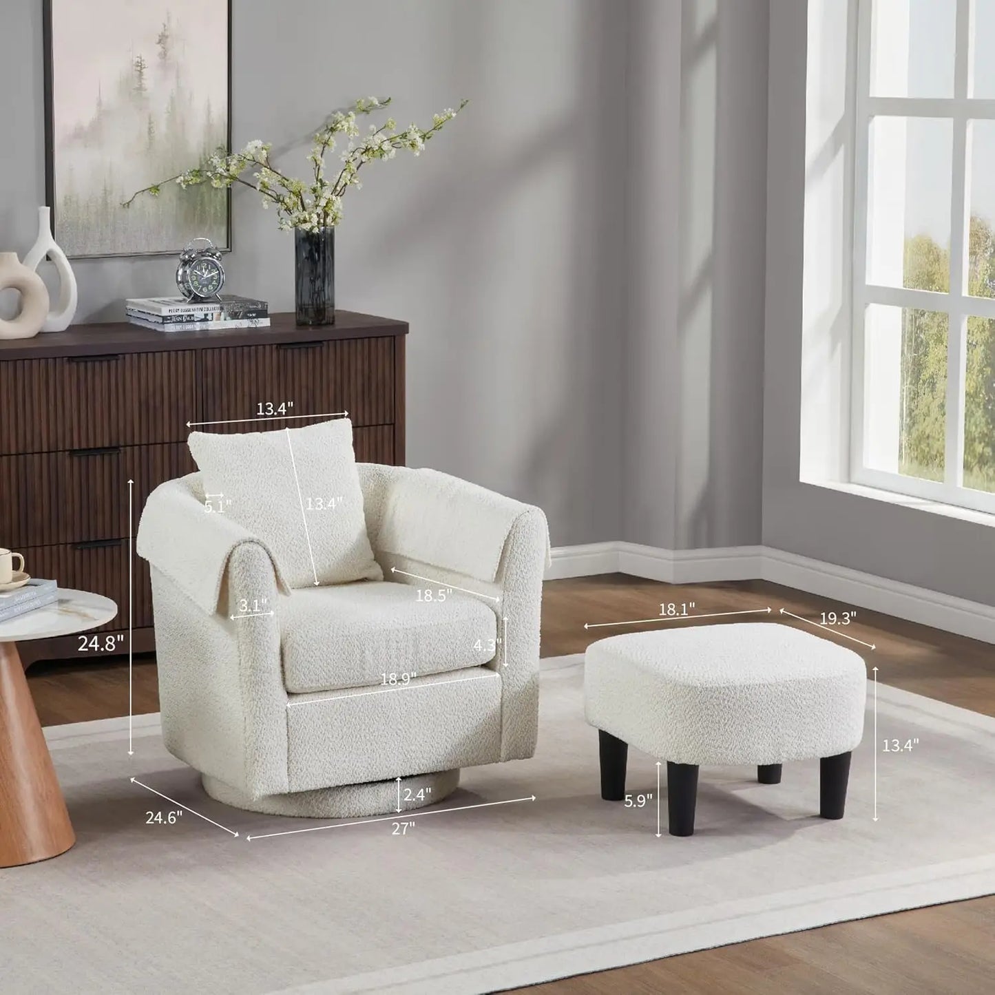 42" W Oversized Swivel Barrel Chair with Storage Ottoman, Modern Upholstered Accent Chair, Comfy Round Swivel, Customized