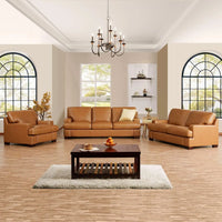 Siggy Genuine Leather Sofa - Set of 3 Luxurious Comfort, Goose Feather Cushion Filling, Square Arm Design, Sturdy Block Legs