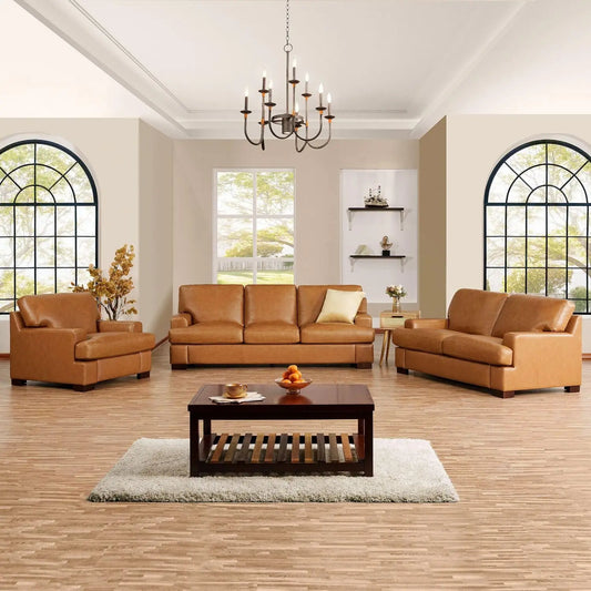 Siggy Genuine Leather Sofa - Set of 3 Luxurious Comfort, Goose Feather Cushion Filling, Square Arm Design, Sturdy Block Legs