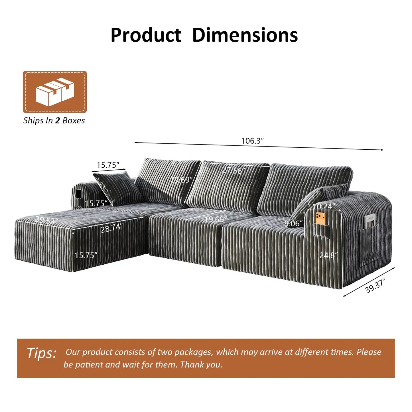 Modular Sectional Sofa, Boneless Couches for Living Room, L-Shape Sofa Couches,Cloud Couch Sectional, Comfy Corduroy Sofa, with