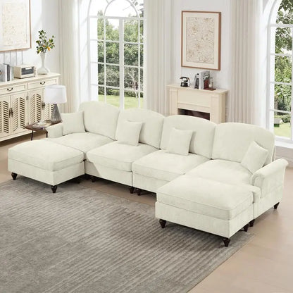 Classic U-Shaped 4-Seater Modular Sectional Sofa Couch with Flared Arms, Removable Ruffled Skirts, and Spindle Legs, Chenille