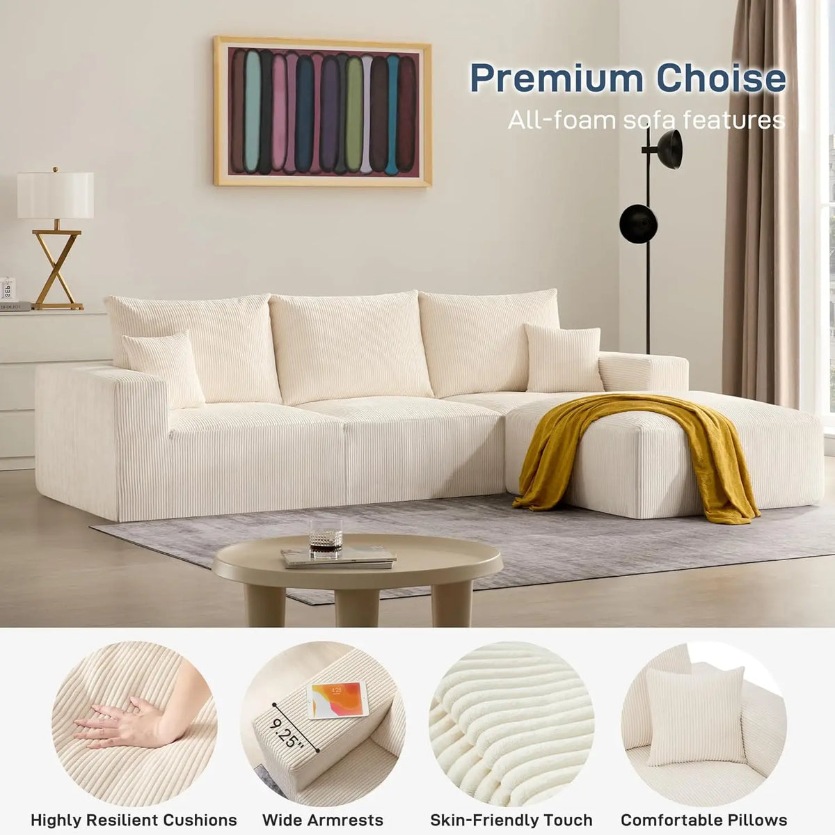Sectional Cloud Boneless Sofa Bed Couches for Living Room-113'' Beige 3 Seater Modern Lounge Sleeper Couch-No Assembly-Modular C