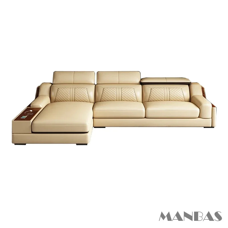 Modern Italian Genuine Leather Sofa for Living Room with Cup Holder, USB, Adjustable Headrests & Bluetooth Speaker - Linlamlim