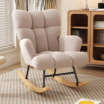 Rocking Chair Leisure Chair, High-Back Armchair with Padded Seat, Velvet Fabric, Solid Wood, Soft-Covered Rocking Chair for Office