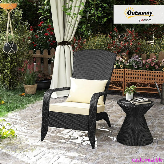 Patio Wicker Adirondack Chair,Outdoor All-Weather Rattan Fire Pit Chair with Soft Cushions, Tall Curved Backrest and Comfortable