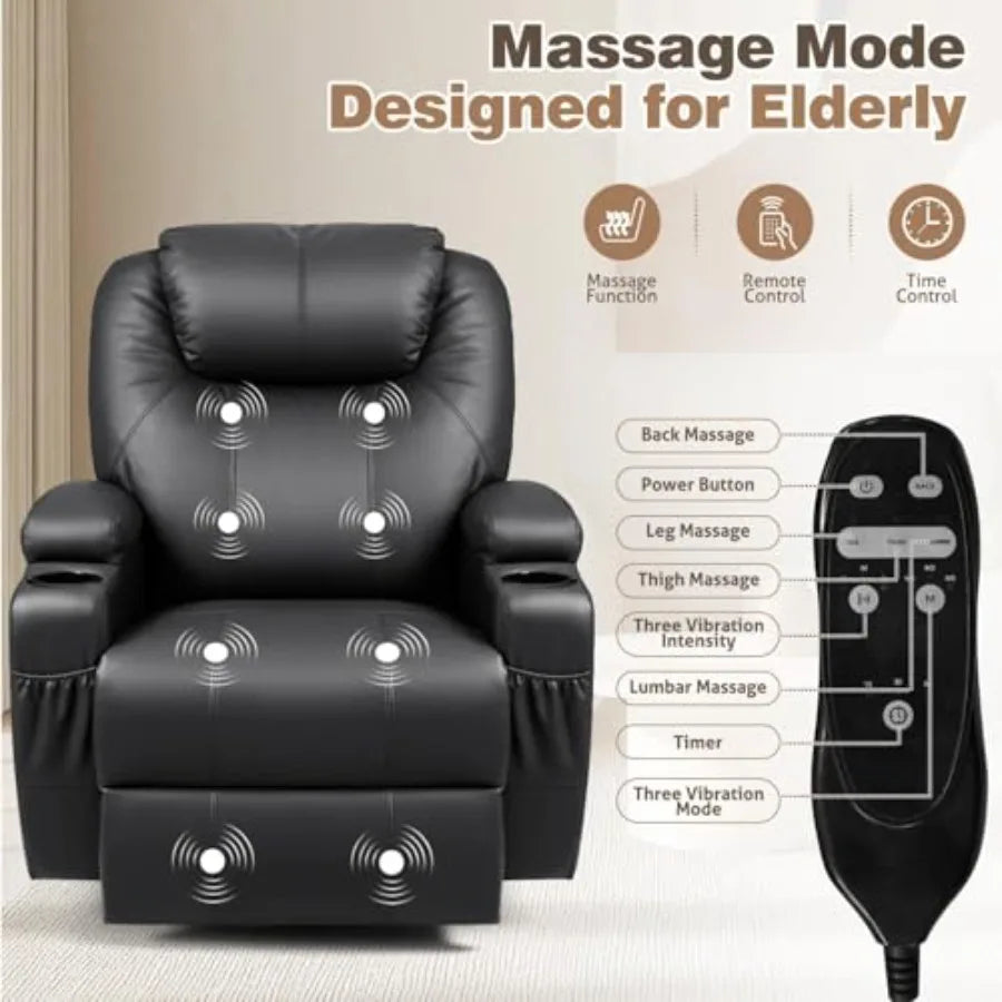 Recliner Chair, 360° Swivel Rocker Chair for Adults, Rocking Recliner Chair with Massage, Comfy Single Sofa with Side Pockets C