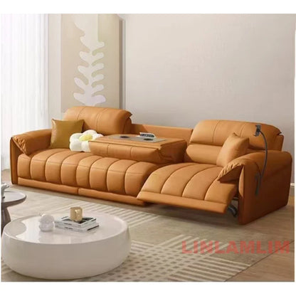 Modern Electric Reclining Sofa with Adjustable Footrest, USB, and Foldable Center Console – Italian Genuine Leather Power Sofa