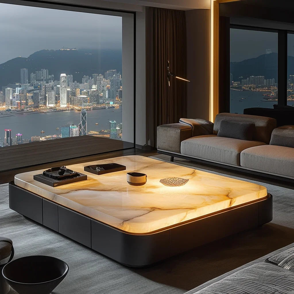 Square luxury stone leather luminous jade coffee table large flat-floor villa living room modern marble