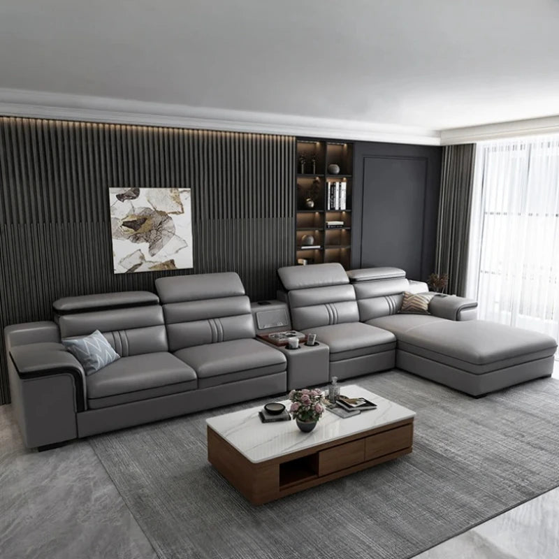 Genuine Leather Sofa Cowhide Modern Wireless Charging Smart Audio Sofa Living Room Corner Combination Divano Home Furniture