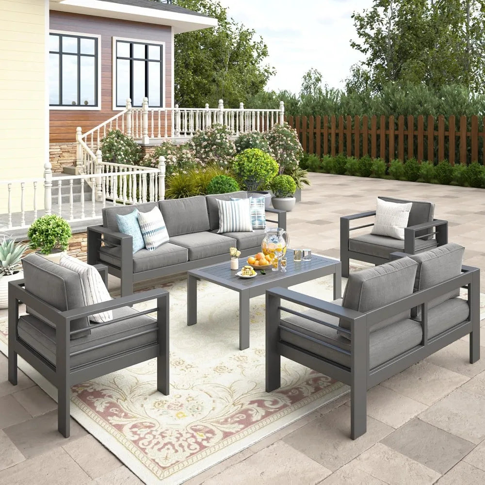 5-Piece Outdoor Patio Set, Grey Sectional Furniture with Upgraded Cushions for Garden & Backyard