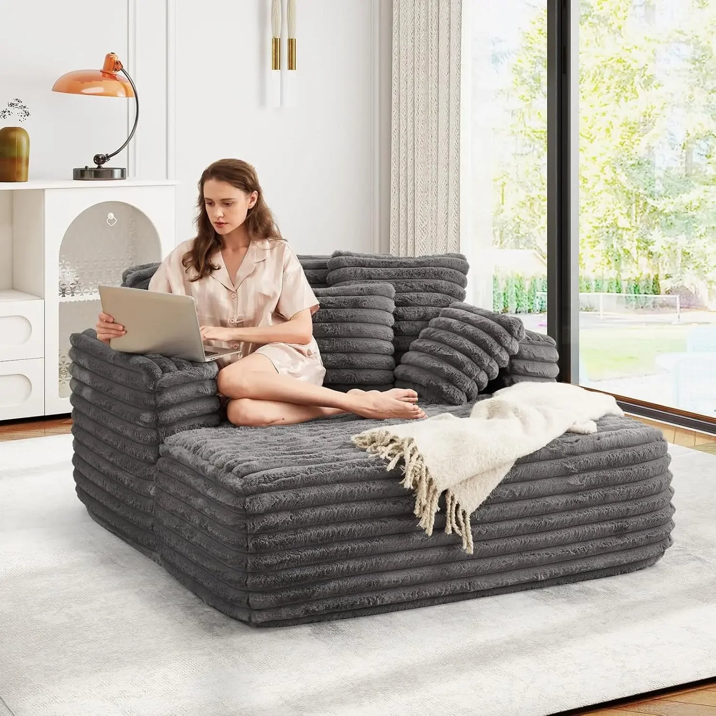 [Limited Stock!]56"W Oversized Chaise Lounge Chair Indoor,Plush Faux Fur Sleeper Sofa Couch Bed with Pillows&Wide Armrest,Fluffy