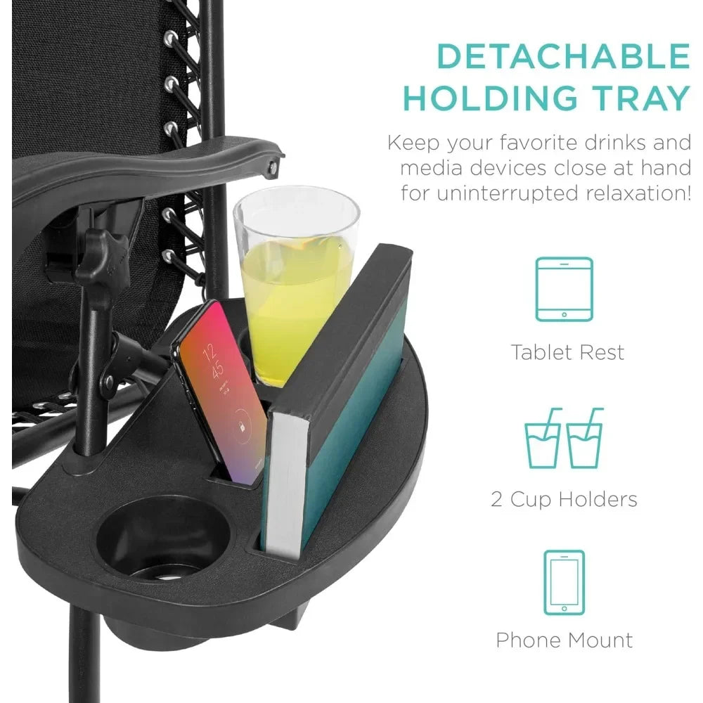 Two-Piece Adjustable Steel Mesh Zero Gravity Lounge Chair Recliner, with Pillow and Cup Holder Tray, Black