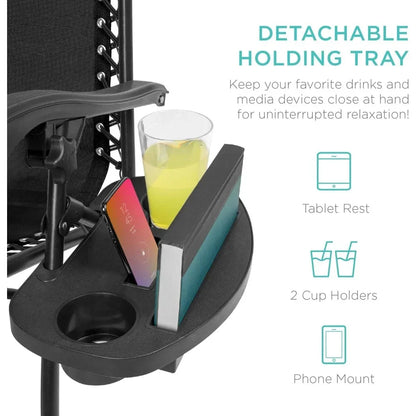 Two-Piece Adjustable Steel Mesh Zero Gravity Lounge Chair Recliner, with Pillow and Cup Holder Tray, Black