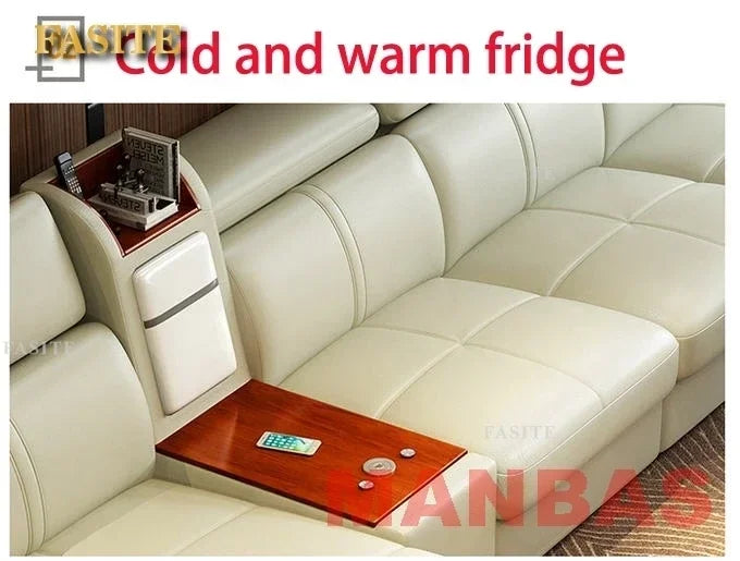 Italian Leather Couch With Heating Seat Cold Fridge Genuine Leather Sofa With Headrests USB, Stools And Storage Easy to clean