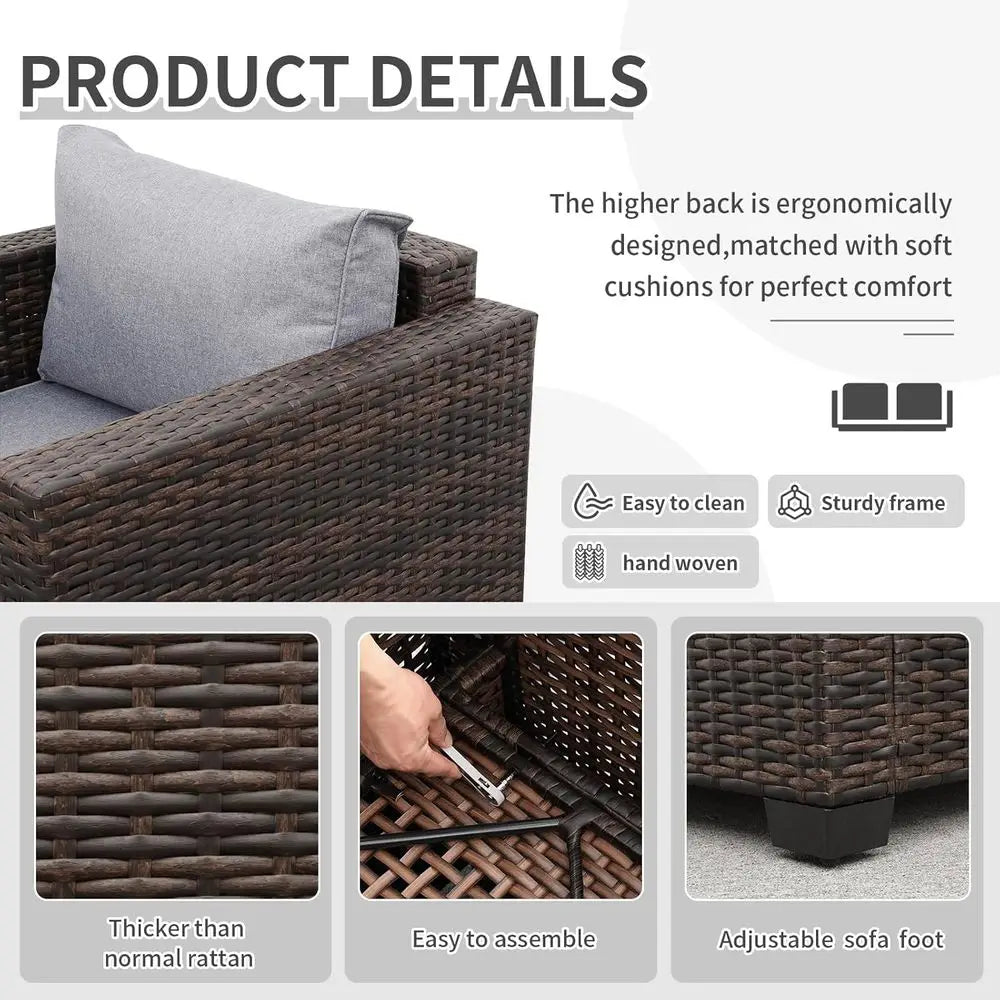 Patio PE Wicker Couch Furniture Loveseat Outdoor Brown Rattan Sofa with Washable Cushions (Grey)