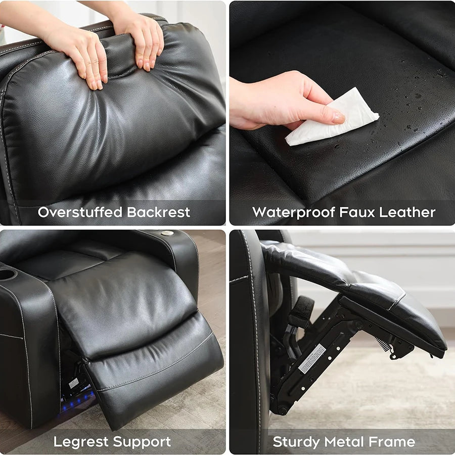 Power Recliner Chair With LED Light, USB Port, Cup Holder Tray Table Faux Leather Electric Reclining Chair Home Theater Seating