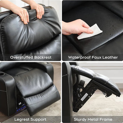 Power Recliner Chair With LED Light, USB Port, Cup Holder Tray Table Faux Leather Electric Reclining Chair Home Theater Seating