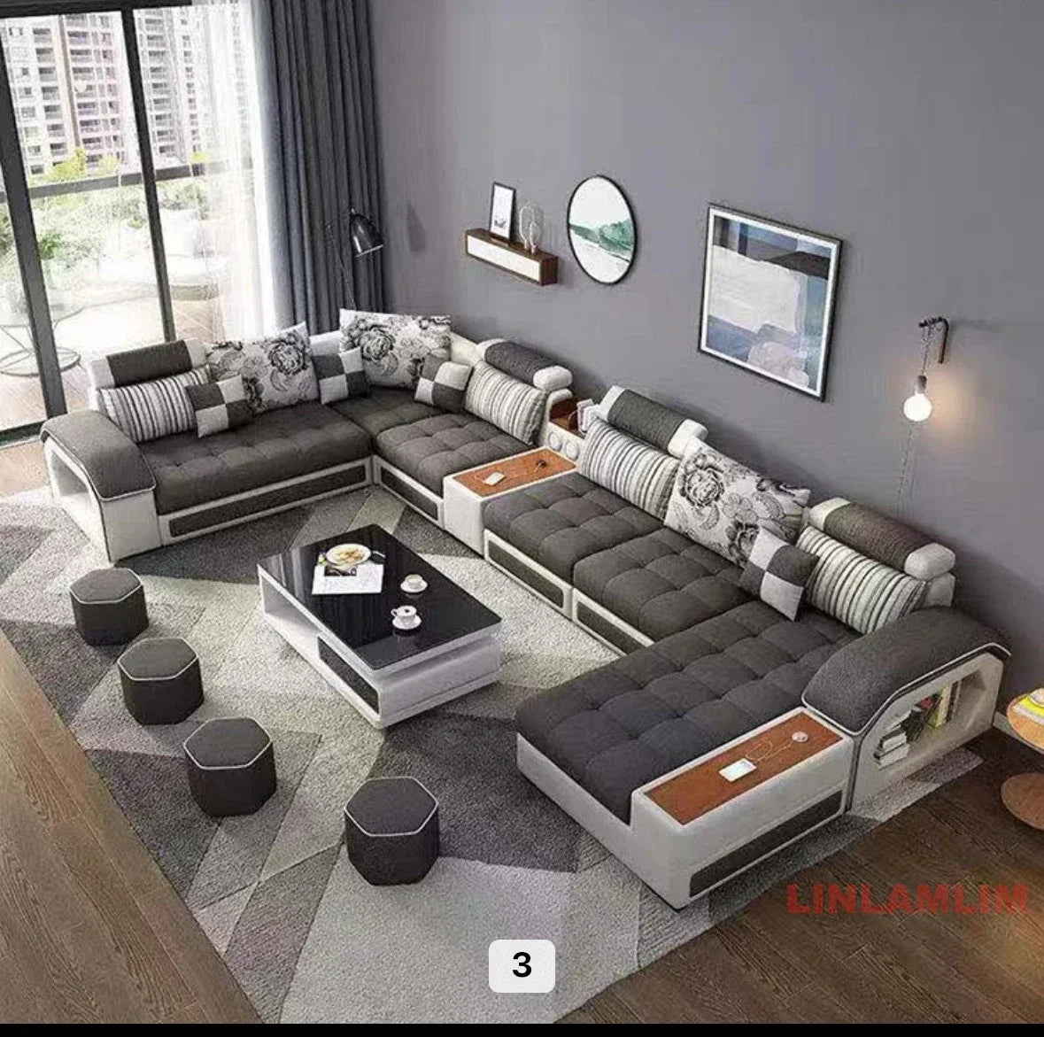 Linlamlim U-Shaped Sectional Fabric Sofa Set - Modern Living Room Furniture with Storage, Built-in Side Table, USB, and Cushions