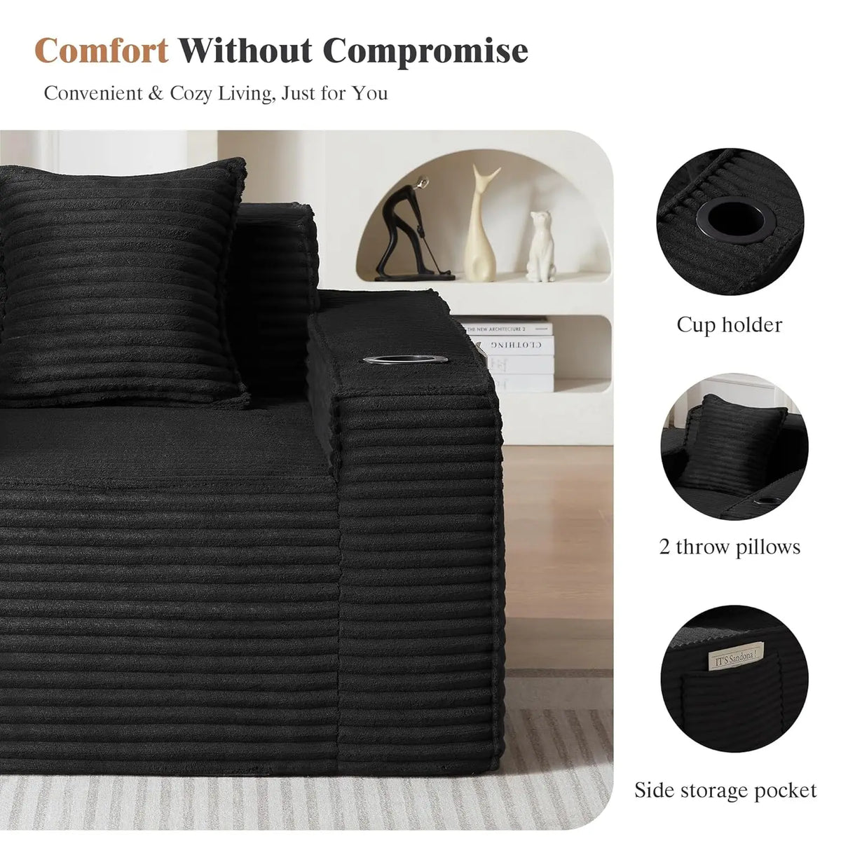 3 Seat Modular Deep Seat Sofa Set with Cup Holder & Side Pocket, Living Room Furniture, Black, Customized