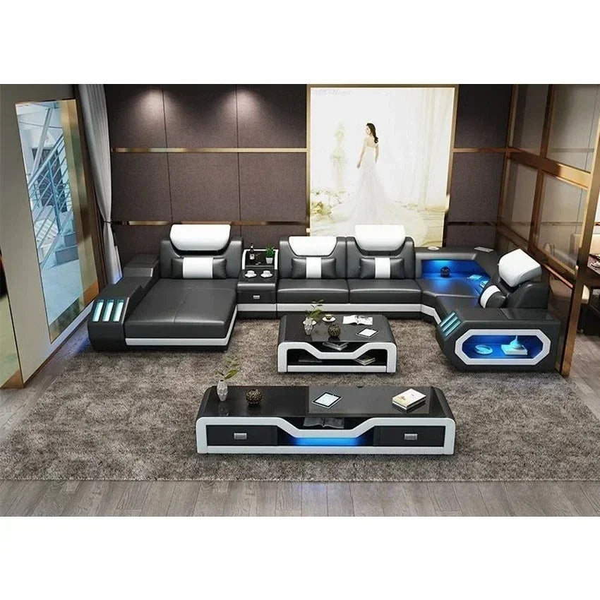European Design Style LED Electric Sectional Sofa Set Top Microfiber Leather Home Furniture For Luxury Villa Living
