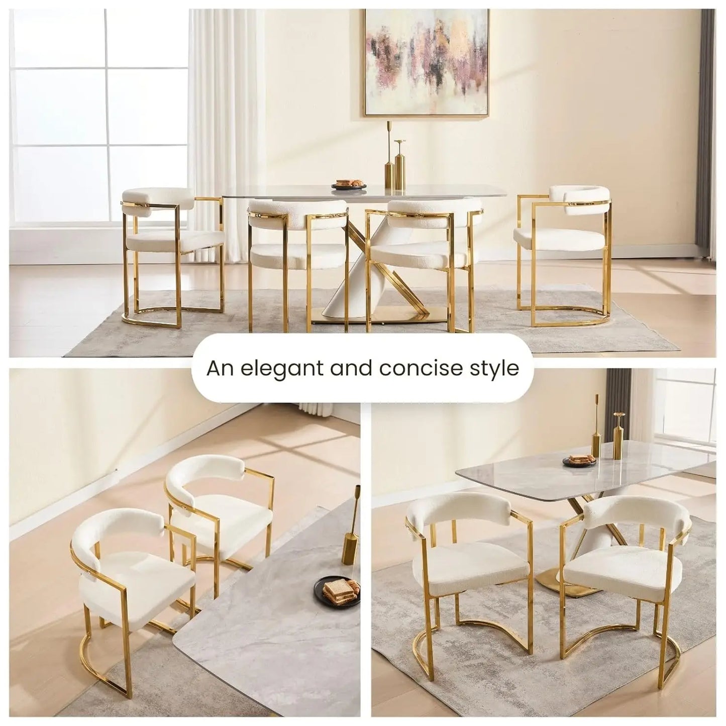 White Chenille Upholstered Dining Chairs Set of 4, Modern Dining Chair with Gold Legs, Kitchen Room Chairs Open Back Barrel Dini