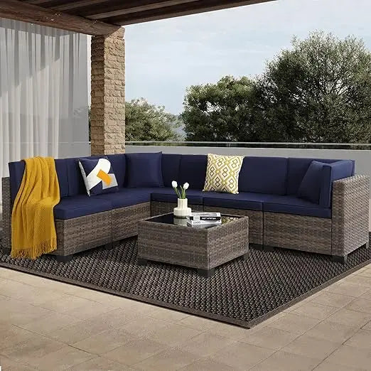 7-piece outdoor patio set, rattan chairs, glass table, wicker sectional for conversation seating